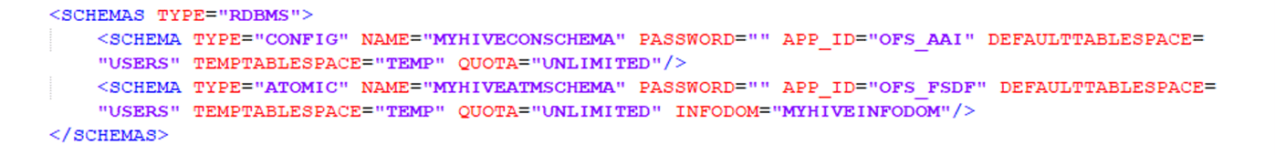 This illustration shows the OFS_BFND_SCHEMA_BIGDATA_IN.xml file for Stage and Results on Hive with sample values for the SCHEMA type RDBMS block parameters.