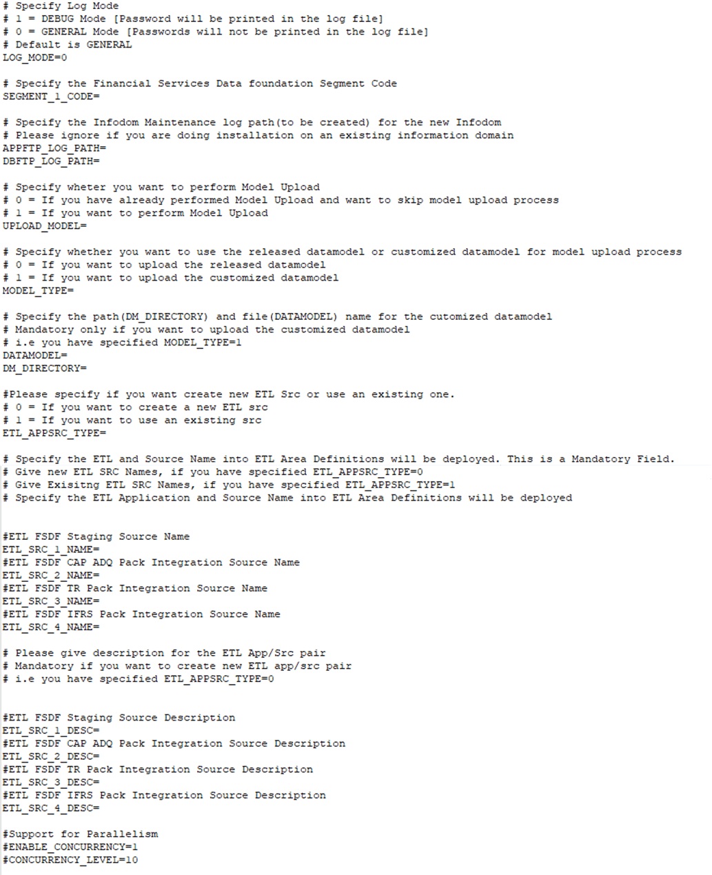 This illustration shows the Silent.props file (Silent.template) for the RDBMS mode of installation with the property name and permissible values.