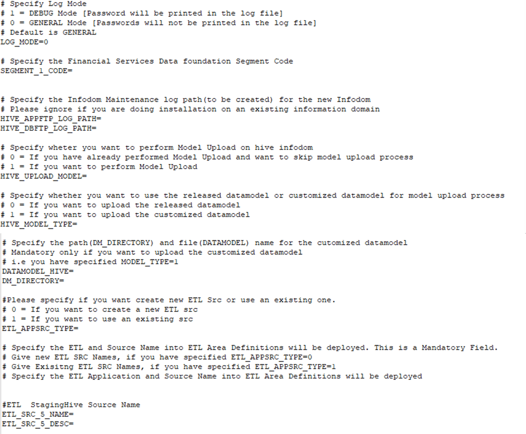 This illustration shows the Silent.props file (Silent.BIGDATA.template) for the Big Data mode of Stage and Results on Hive installation with the property name and permissible values.