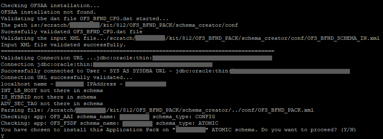 This illustration shows the Schema creation in the Online mode with the infodom confirmation.