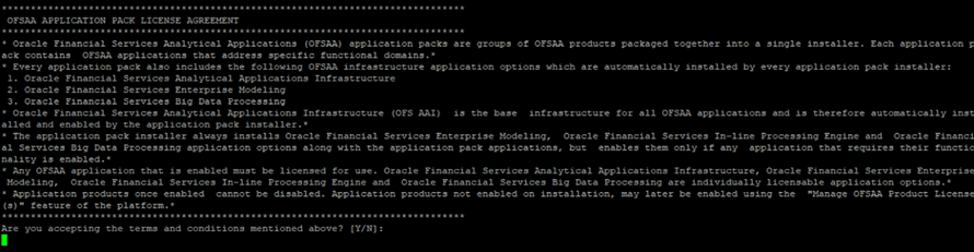 This illustration shows the OFSAA License Agreement. To proceed with the installation and accept the agreement, type Y.