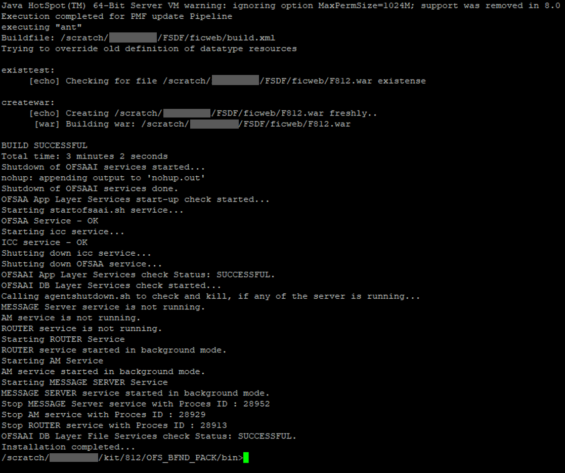 This illustration shows the successful installation of the OFSDF Application Pack in the SILENT mode. 