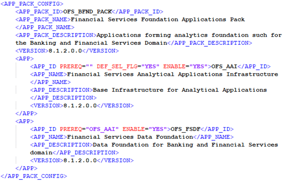 This illustration shows the OFS_BFND_PACK.xml file with sample values for the parameters.