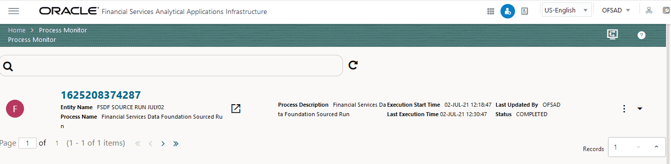 This illustration shows the Process Monitor page. This page displays all the workflows, which are invoked from the application with details such as Entity Name, Entity ID, Process Name, Process Description, Execution Start Time, Last Execution Time, Last Updated By, and Status. You can abort, resume, or re-run a Pipeline. You can also launch the Process Modeller page from this page.