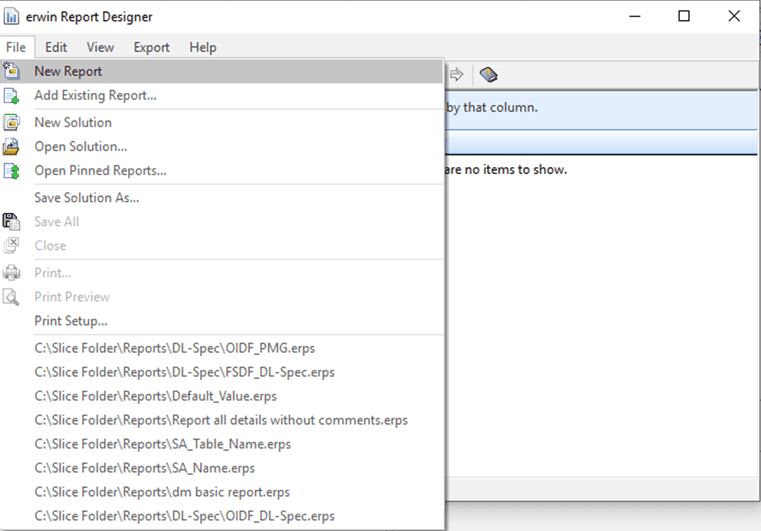 This illustration shows selecting the New Report in the erwin Report Designer Window.