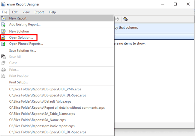 This illustration shows selecting Open Solution in the erwin Report Designer Window to open an existing Report.