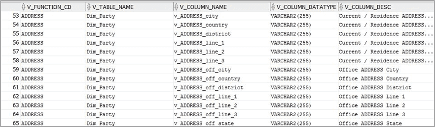 This illustration shows the AAI_DRF_FUNCTION_COLUMN_MAP table with the DIM_PARTY table contents.