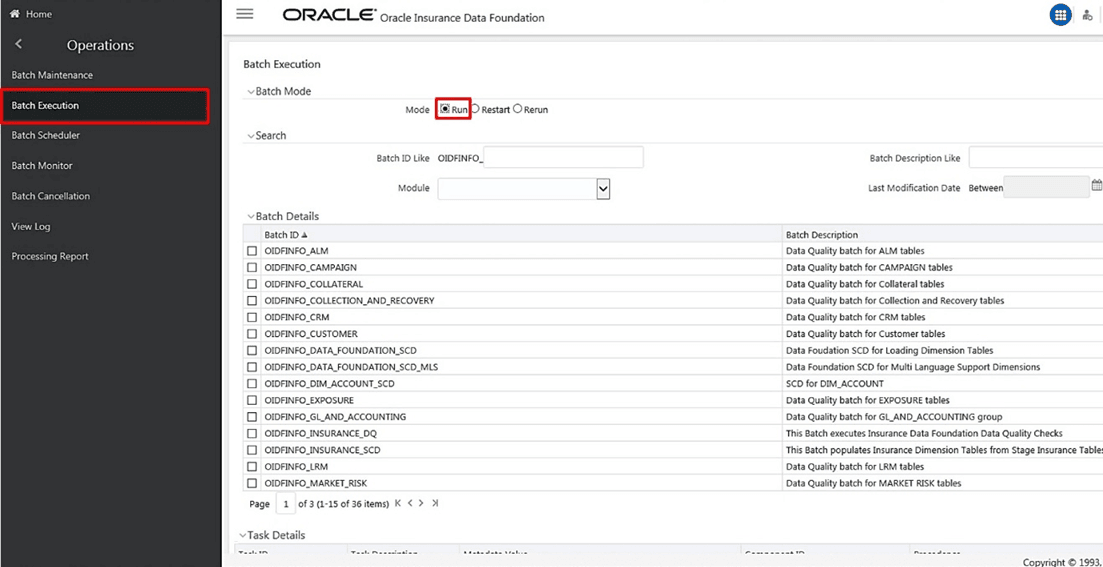 Title: Description of the navigation to the Batch Execution page follows - Description: This illustration shows the navigation to the Batch Execution page. The Batch Execution page consists of Batch Mode, Search, Batch Details, and Task Details sections. Perform the actions mentioned in the steps that follow this illustration.