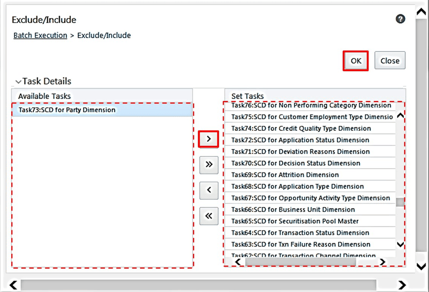Title: Description of excluding the tasks follows - Description: This illustration shows how to exclude tasks for the selected Batch ID from an available list of tasks. In the Available Tasks section, select the tasks that needs to be excluded from the SCD batch and move them to the Set Tasks section. Click OK to save the selection.