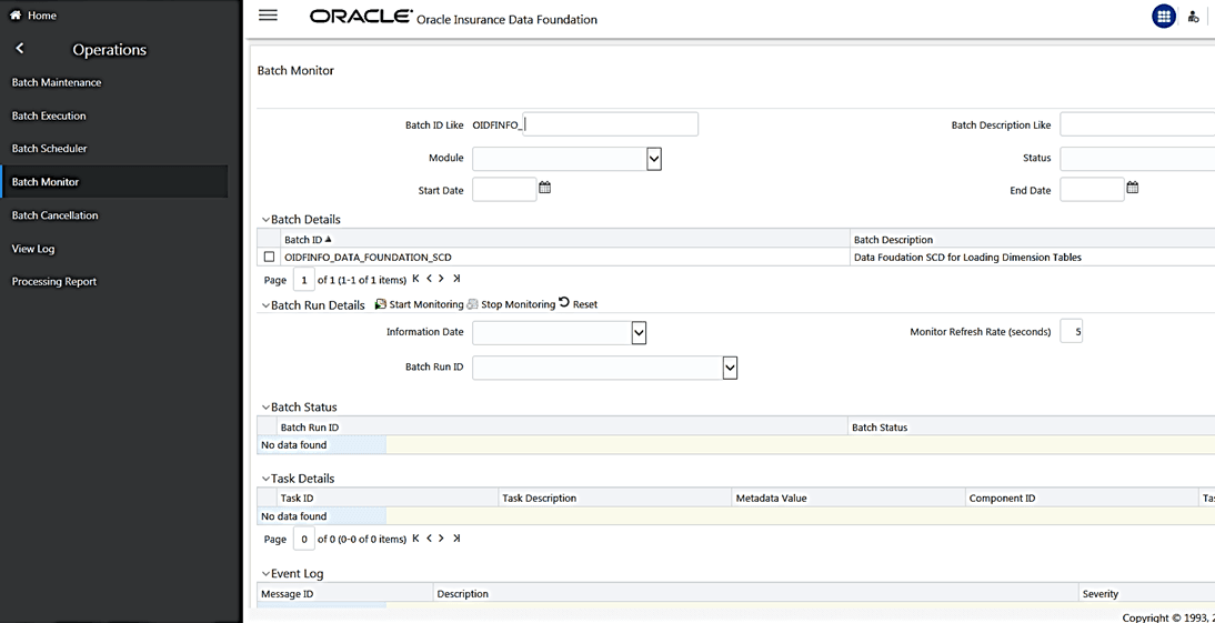 Title: Description of the navigation to the Batch Monitor page follows - Description: This illustration shows the navigation to the Batch Monitor page. This page consists of the Batch Details, Batch Status, Task Details, and Event Log sections. Perform the actions mentioned in the steps that follow this illustration.