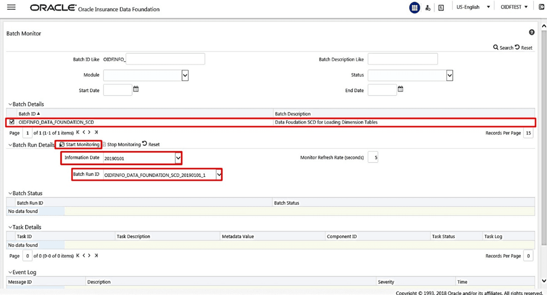 Title: Description of selecting the Batch ID, FIC_MIS Date, and Batch Run ID follows - Description: This illustration shows selecting the Batch ID, FIC_MIS Date, and Batch Run ID details. Then select the Start Monitoring icon to begin the Batch monitoring process.