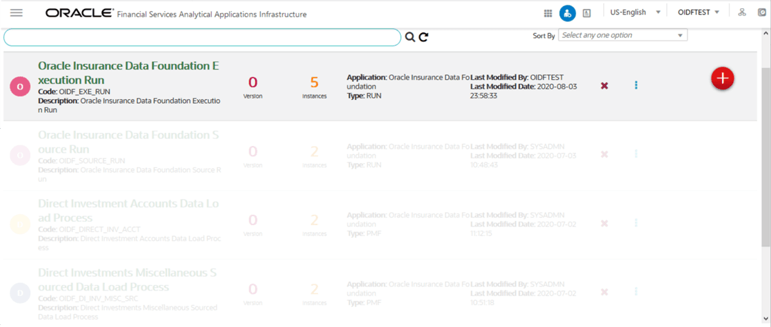 Title: Description of the Process Modeler page with Oracle Insurance Data Foundation Execution Run process follows - Description: This illustration shows the Process Modeler page with Oracle Insurance Data Foundation Execution Run process.