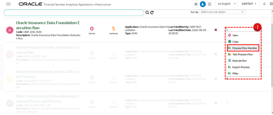 Title: Description of selecting Process Flow Monitor in the OIDF Execution Run Process follows - Description: This illustration shows selecting Process Flow Monitor in the Oracle Insurance Data Foundation Execution Run Process.