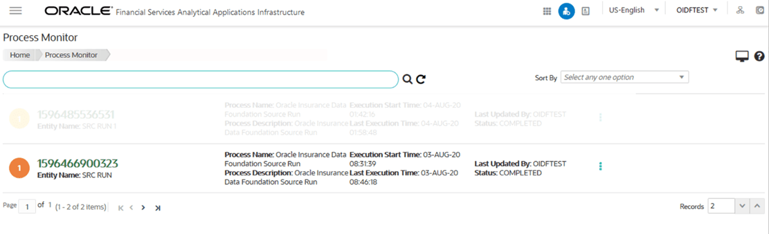 Title: Description of selecting the Job ID in the Process Monitor page for the OIDF Sourced Run Process follows - Description: This illustration shows selecting the Job ID in the Process Monitor page for the Oracle Insurance Data Foundation Sourced Run Process.