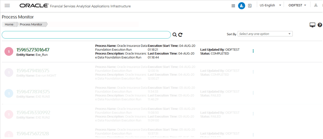 Title: Description of selecting the Job ID in the Process Monitor page for the OIDF Execution Run Process follows - Description: This illustration shows selecting the Job ID in the Process Monitor page for the Oracle Insurance Data Foundation Execution Run Process.