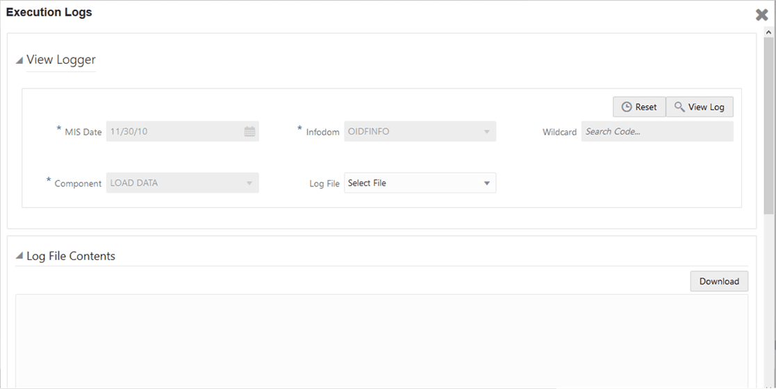 Title: Description of the Execution Logs page in the OIDF Sourced or Execution Run Process follows - Description: This illustration shows the Execution Logs page in the OIDF Sourced or Execution Run Process. Select the required Log File in the list and click View Log. The log details are displayed in the Log File Contents section. To download a copy of the log details, click Download