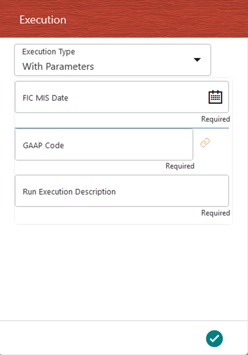 This illustration shows the Execution with parameters page in the OIDF Source Process. When you enter the required Run parameters and select the Accept icon, the Run execution is triggered. The functionalities are described in detail in the tabular column that follows this illustration.