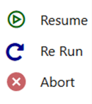 This illustration shows the Process Monitor with Re Run, Abort, and Resume options. You can abort, resume, or re-run a Pipeline.