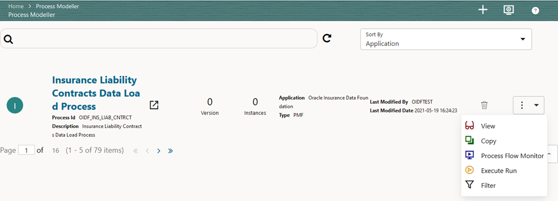 This illustration shows selecting Execute Run in Insurance Liability Contracts Data Load Process.