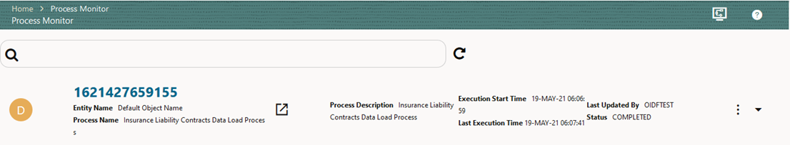 This illustration shows selecting the Job ID in the Process Monitor Page for the Insurance Liability Contracts Data Load Process.