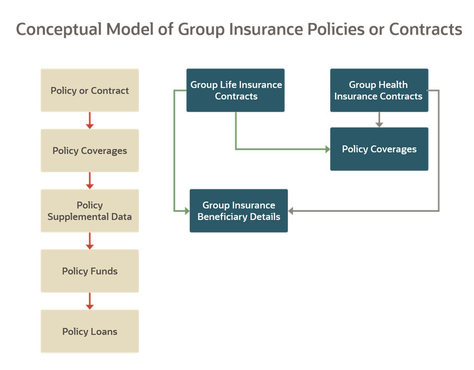 This illustration shows the conceptual model of the Group Insurance Policies or Contracts.