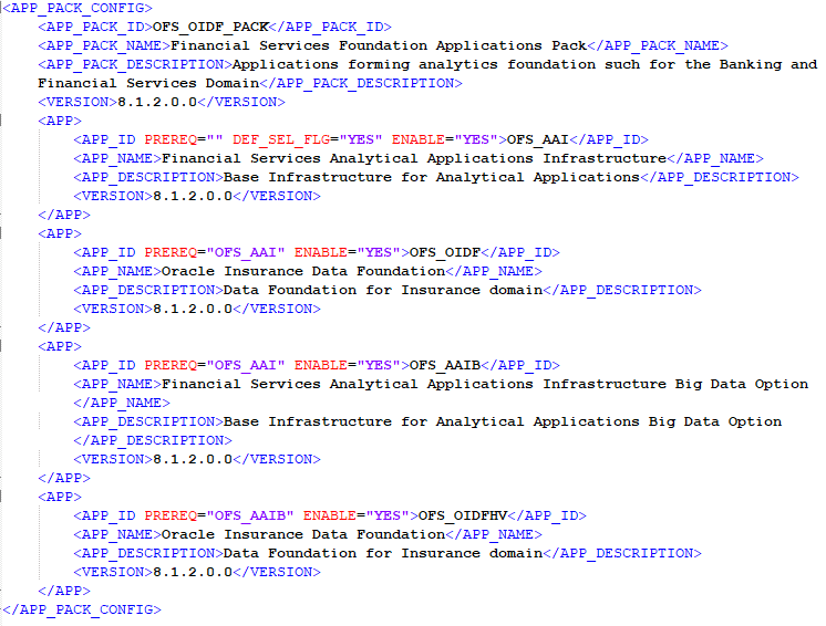 This illustration shows the OFS_OIDF_PACK.xml file with sample values for the parameters.