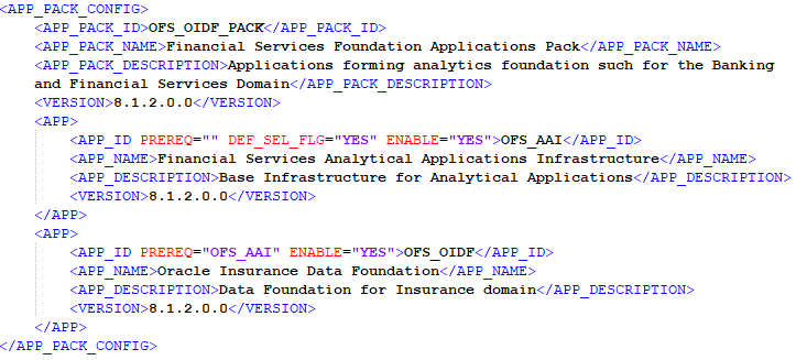 This illustration shows the OFS_OIDF_PACK.xml file with sample values for the parameters.