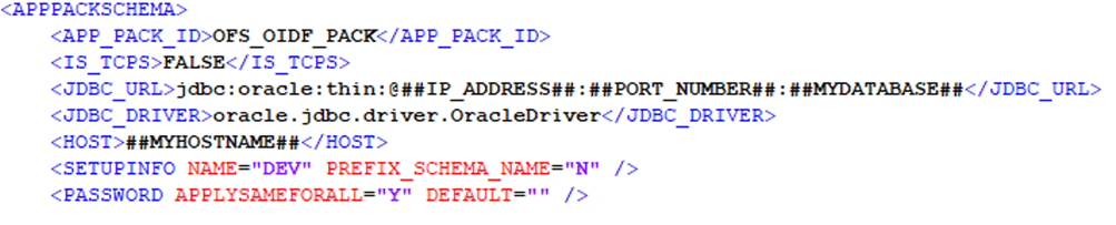 This illustration shows the OFS_OIDF_SCHEMA_IN.xml file with sample values for the APPPACKSCHEMA block parameters.