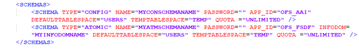 This illustration shows the OFS_OIDF_SCHEMA_IN.xml file with sample values for the SCHEMAS block parameters.