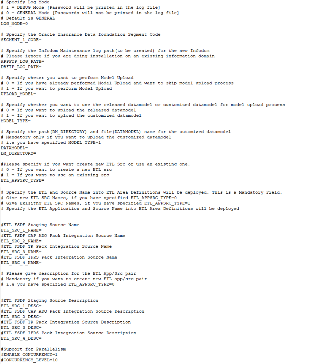 This illustration shows the Silent.props file (Silent.template) for the RDBMS mode of installation with the property name and permissible values.