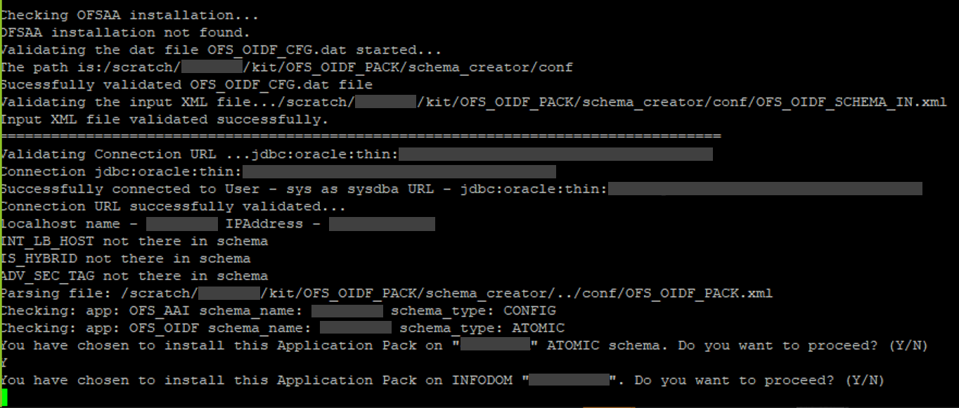 This illustration shows the Schema creation in the Online mode with the infodom confirmation.