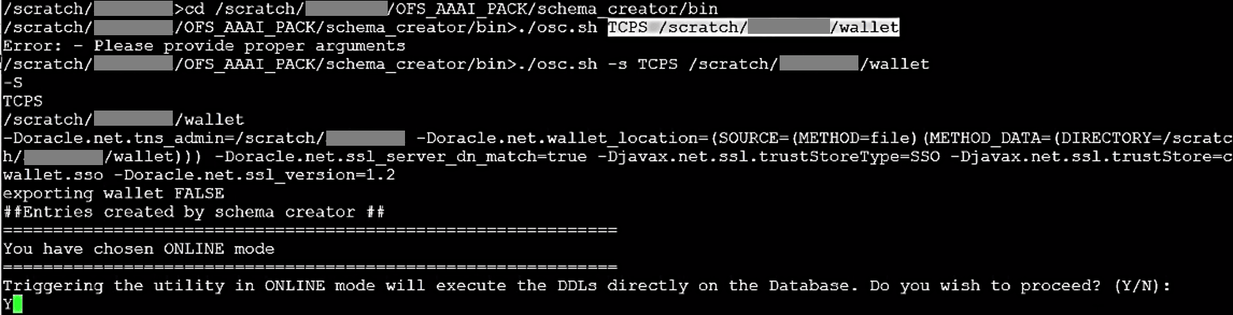 This illustration shows the Schema Creator Utility execution in the TCPS mode.