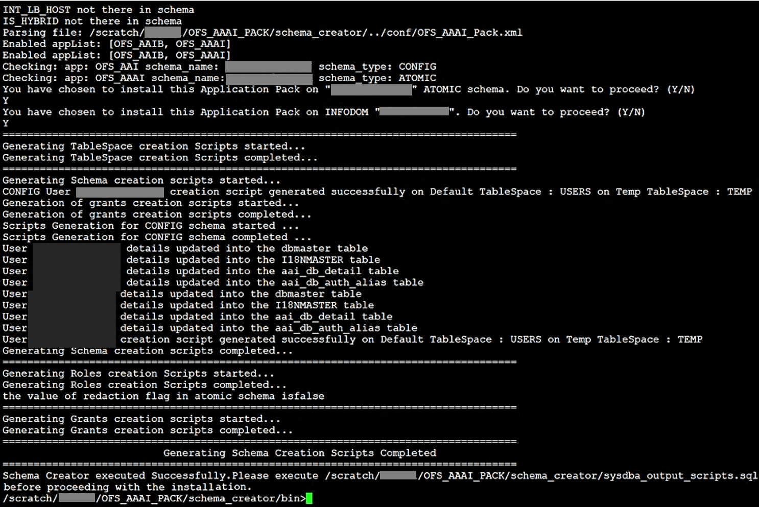 This illustration shows the sysdba_output_scripts.sql file execution to install the subsequent Applications Pack.
