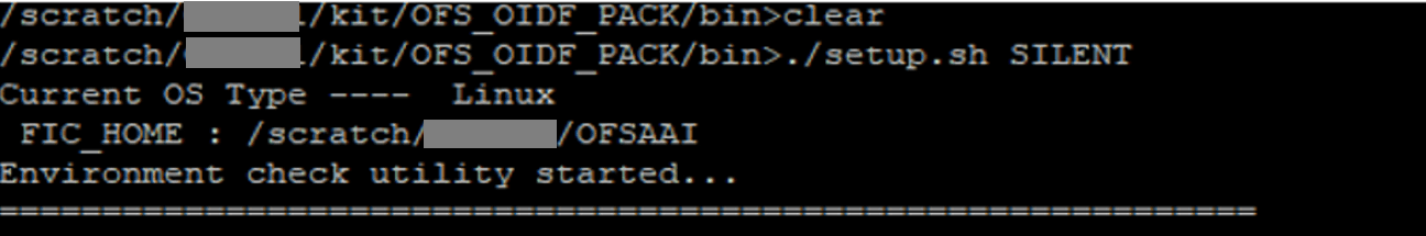This illustration shows execution of the OIDF installer in the SILENT mode. This is an automatic mode of OFSAA application installaiton with minimal interference from the user.