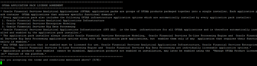 This illustration shows the OFSAA License Agreement. To proceed with the installation and accept the agreement, type Y.