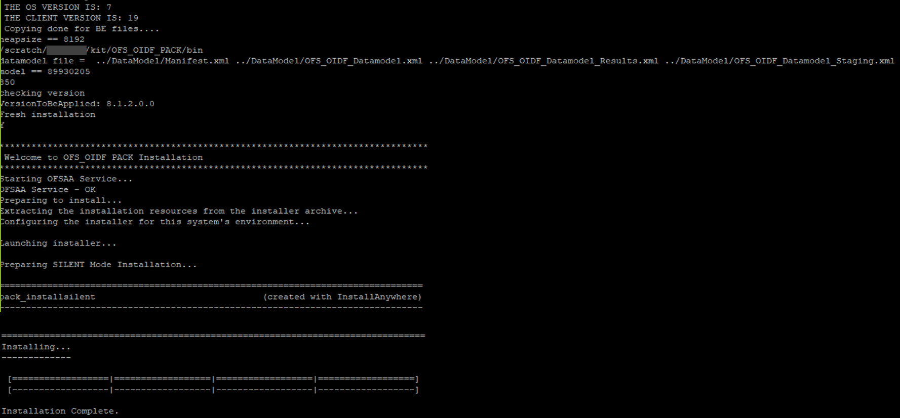 This illustration shows installation of the OIDF Application Pack in the SILENT mode.
