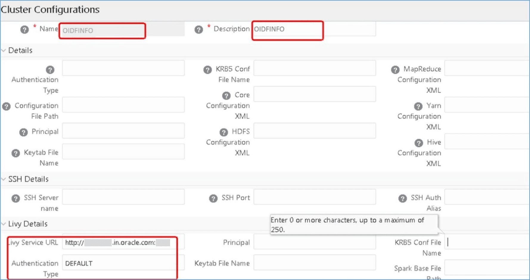 This illustration shows the Cluster Configurations page. Use this page to add a Cluster. Type infodom name and description in the fields Name and Description respectively. In the Livy Service URL field, type the Livy Server URL of your environment.