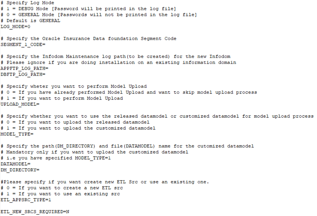 This illustration shows the Silent.props file (Silent.template) for the RDBMS mode of upgrade installation with the property name and permissible values.
