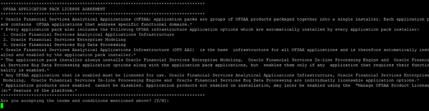 This illustration shows the OFSAA License Agreement. To proceed with the installation and accept the agreement, type Y.