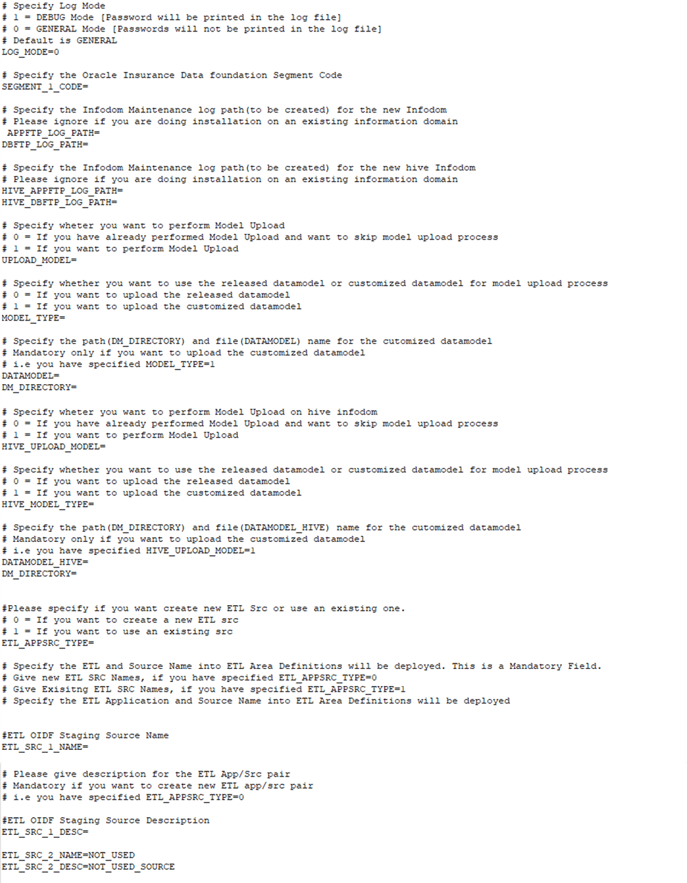 Title: Description of the sample Silent.props file (Silent_Hybrid.template) for the Big Data mode of Stage on Hive and Results on RDBMS installation follows - Description: This illustration shows the Silent.props file (Silent_Hybrid.template) for the Big Data mode of Stage on Hive and Results on RDBMS installation with the property name and permissible values.