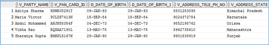 Description of the DIM_PARTY table sample follows This illustration shows the DIM_PARTY table sample consisting of a set of Personal Identifiable Information.
