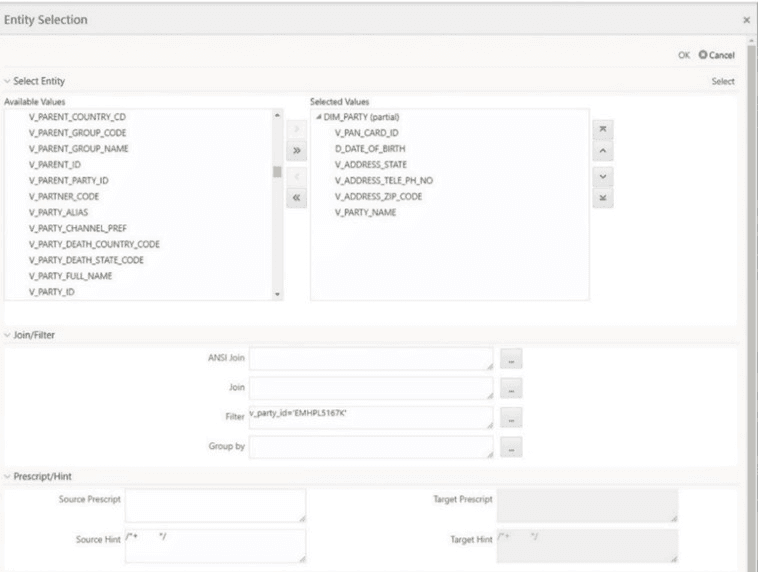 Description of mapping the columns selected for the T2F definition creation in the Entity Selection page follows This illustration shows mapping the columns selected for the T2F definition creation in the Entity Selection page.