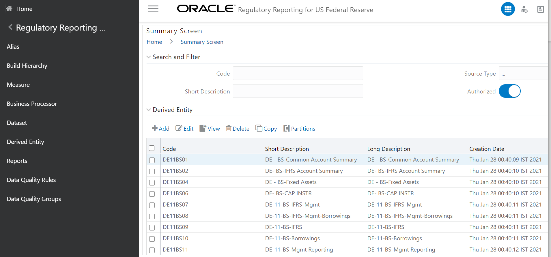 Description of the Derived Entity Summary page follows This illustration shows the navigation to the Derived Entity Summary in the REG REP US FED application. 