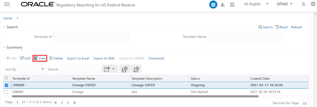 Description of the Metadata Report View Screen follows This illustration shows the metadata report template summary, you can select the template from the available list and click View. 
