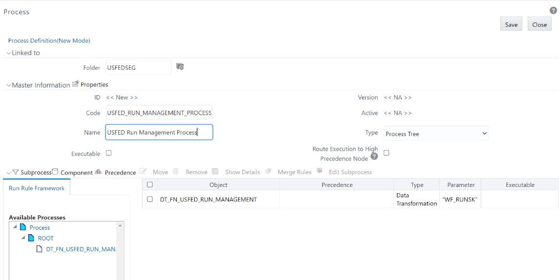 Description of the Process Definition Save page follows This illustration shows the data transformation added to the process and click Save to save the process details.