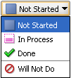 「ステータス・インジケータ」ドロップダウン・リスト: 「未開始」、「処理中」、「完了」、「実行しない」