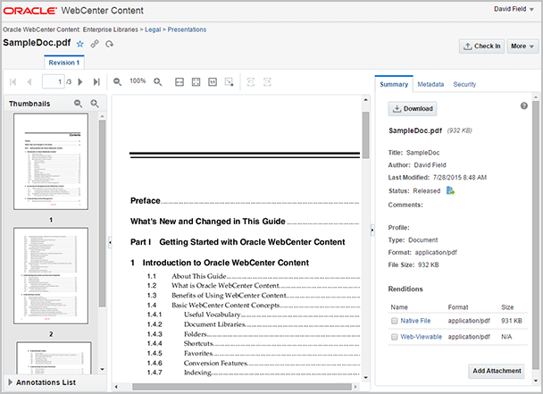 Oracle WebCenter Contentのドキュメント・ビュー・ページ