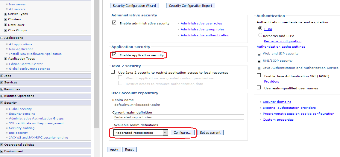 Enable application security with HTTP Basic Authentication on WebSphere 9 