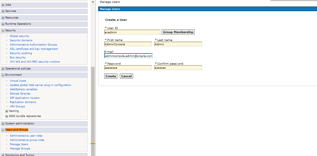 Choose “Create” and enter a new application user for example “acadmin