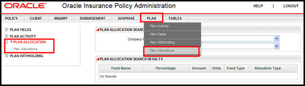 Plan  Allocations Option on Plan Main Menu